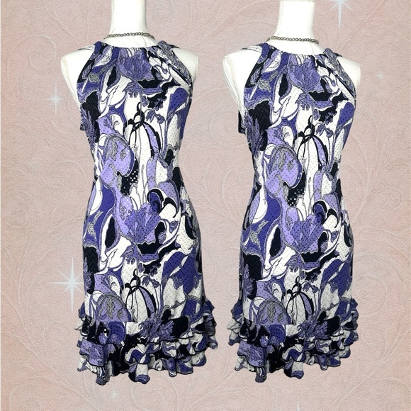 Y2K Purple Floral Sequin Party Dress – Size 12 – Ruffle Hem Halter Glam - Picture 2 of 8